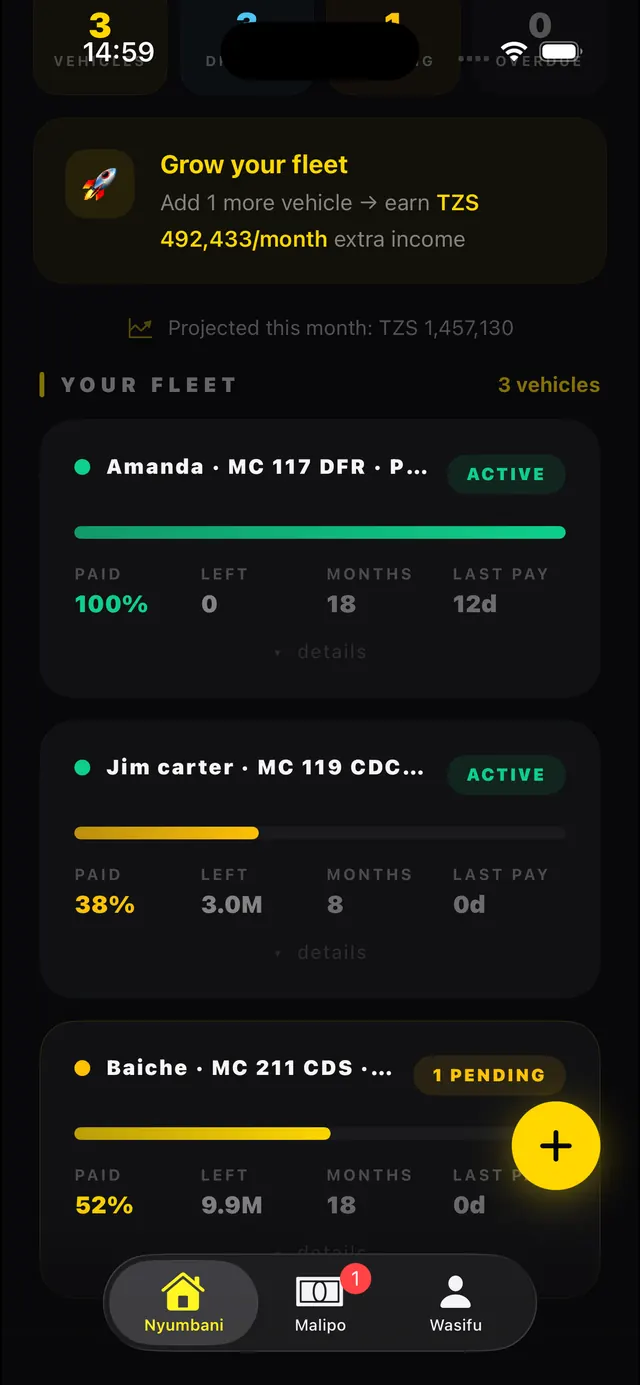 LUNO app fleet screen with ownership progress bars for each bodaboda and bajaji vehicle