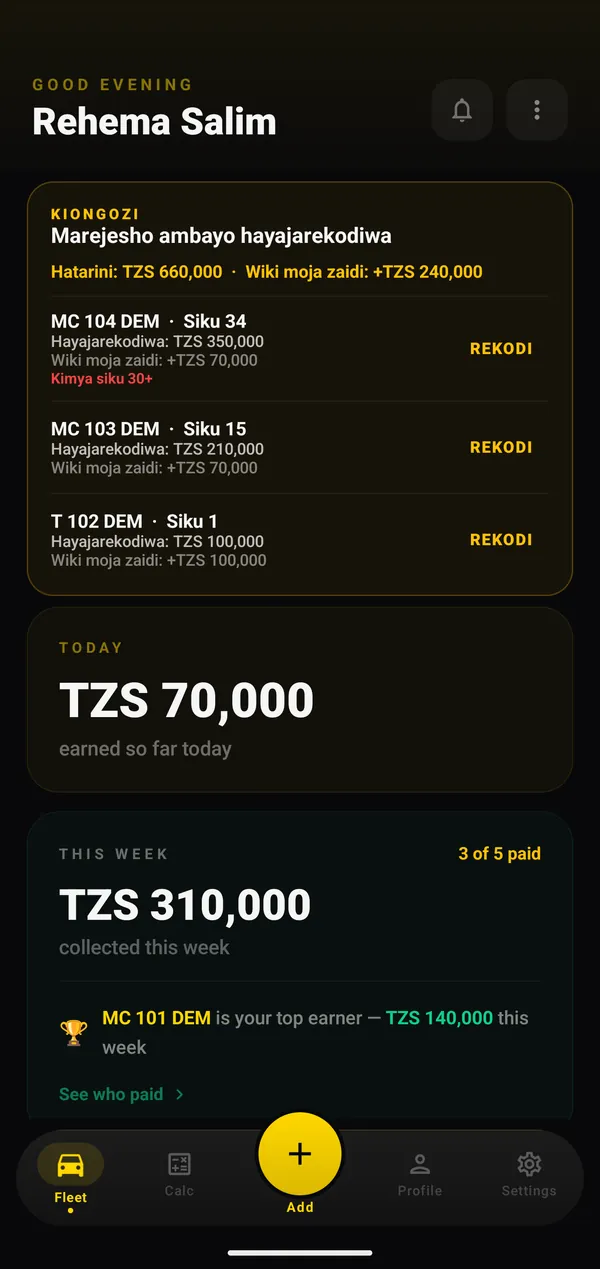 Owner dashboard on Android with a Kiongozi note, in Kiswahili, listing three vehicles whose payments have not been recorded and the amount at stake.